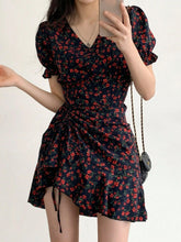 DAZY Women V-Neck All-Over Floral Drawstring Short Dress, Red, Spring & Summer, Chinese New Year Dress